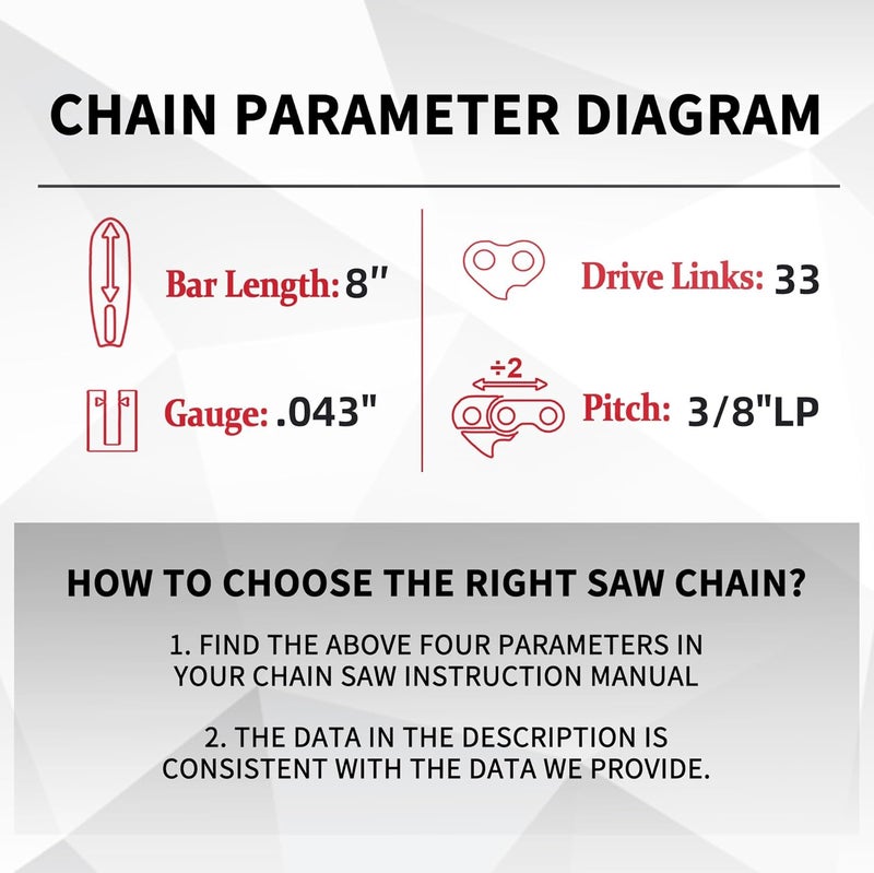 ES 3 Pack 8 Inch Chainsaw Chain 3/8" LP Pitch .043" Gauge 33 Drive Links Semi-Chisel Chain Saw Chains for Husqvarna, Poulan, Craftsman, Greenworks and More Chainsaw Brands - Image 3